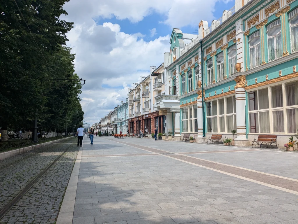 Prospekt Mira pedestrian boulevard in central Vladikavkaz with historic buildings and trees